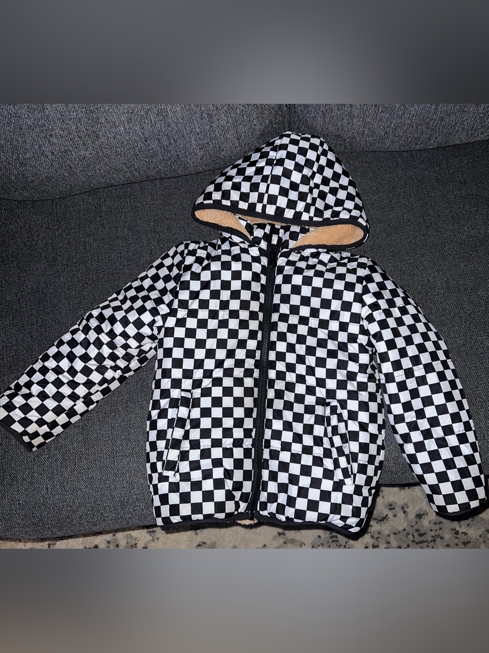 Kids Black & White Checkered Hooded Puffer Jacket